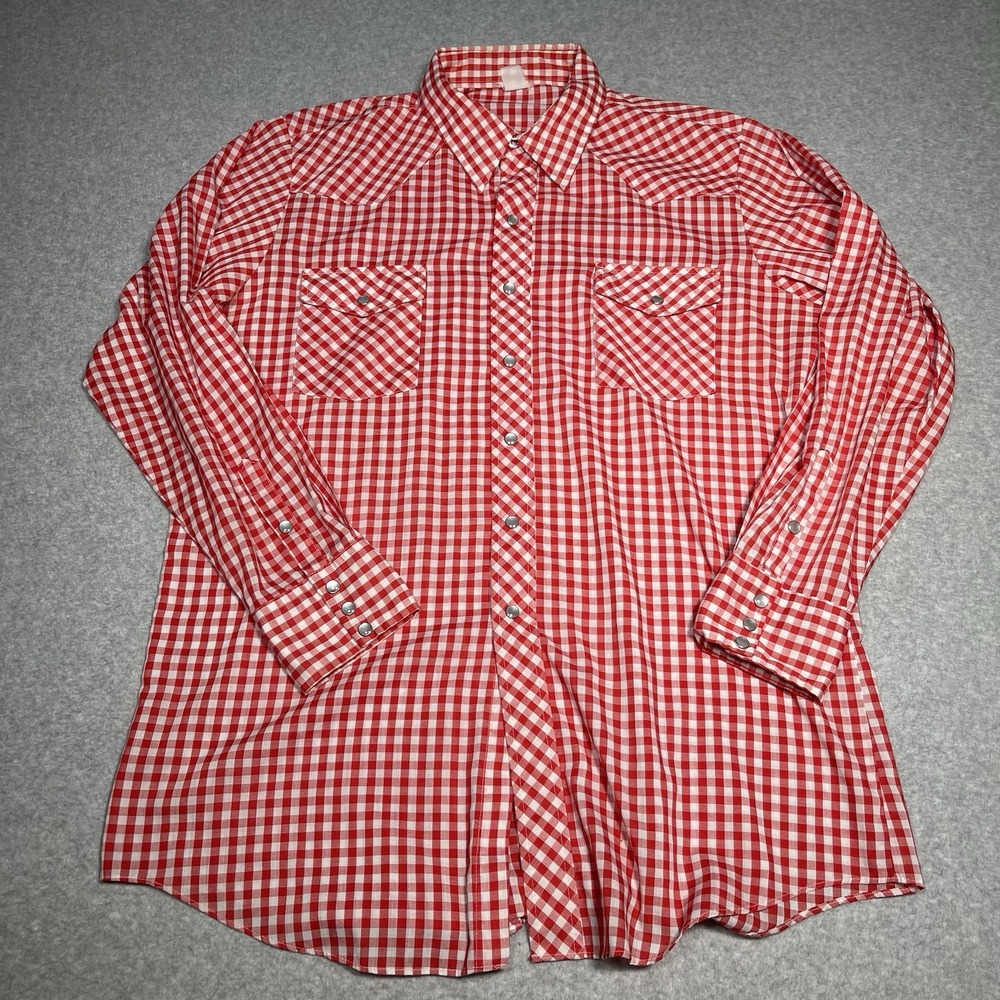 Vtg 70s Western Pearl Snap Shirt Mens L Red White Checkered Picnic‎ Rodeo Style